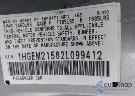 2002 Honda Civic Lx from USA, damaged, VIN 1HGEM21562L099412